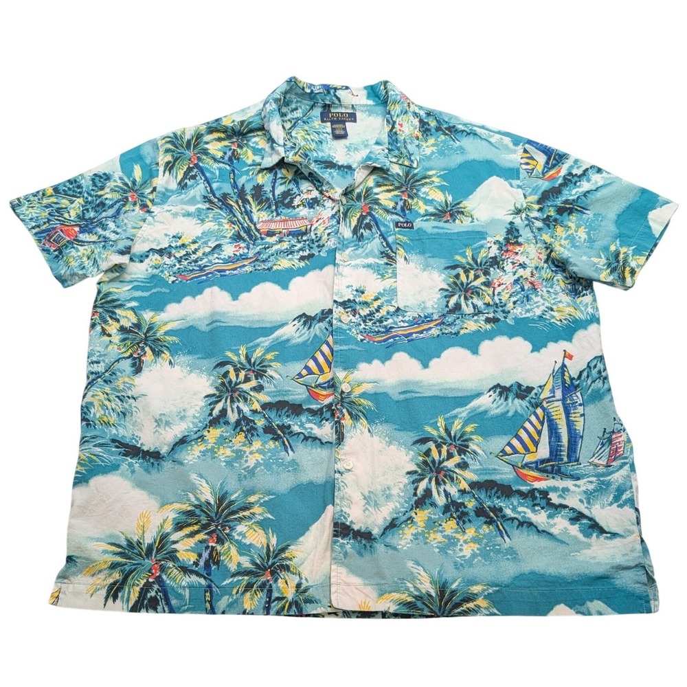 Polo Ralph Lauren Sleepwear Men Large Blue Tropical Sailboat Cotton Pajama Shirt